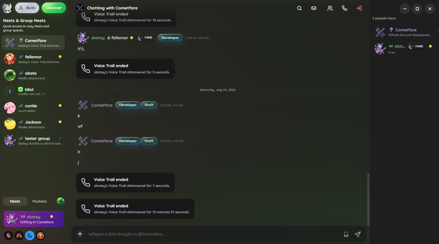 A CometFare direct message with stickers, nests, and buds in the sidebar